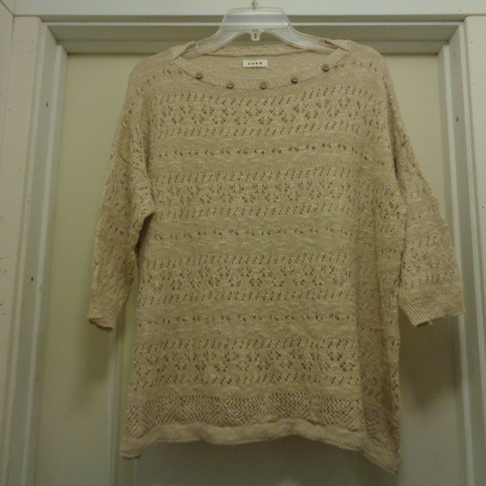 QUIET LUXURY BEIGE MACHINE OPEN CROCHET DESIGNS W TINY BUTTONS ON NECK BY COEN F
